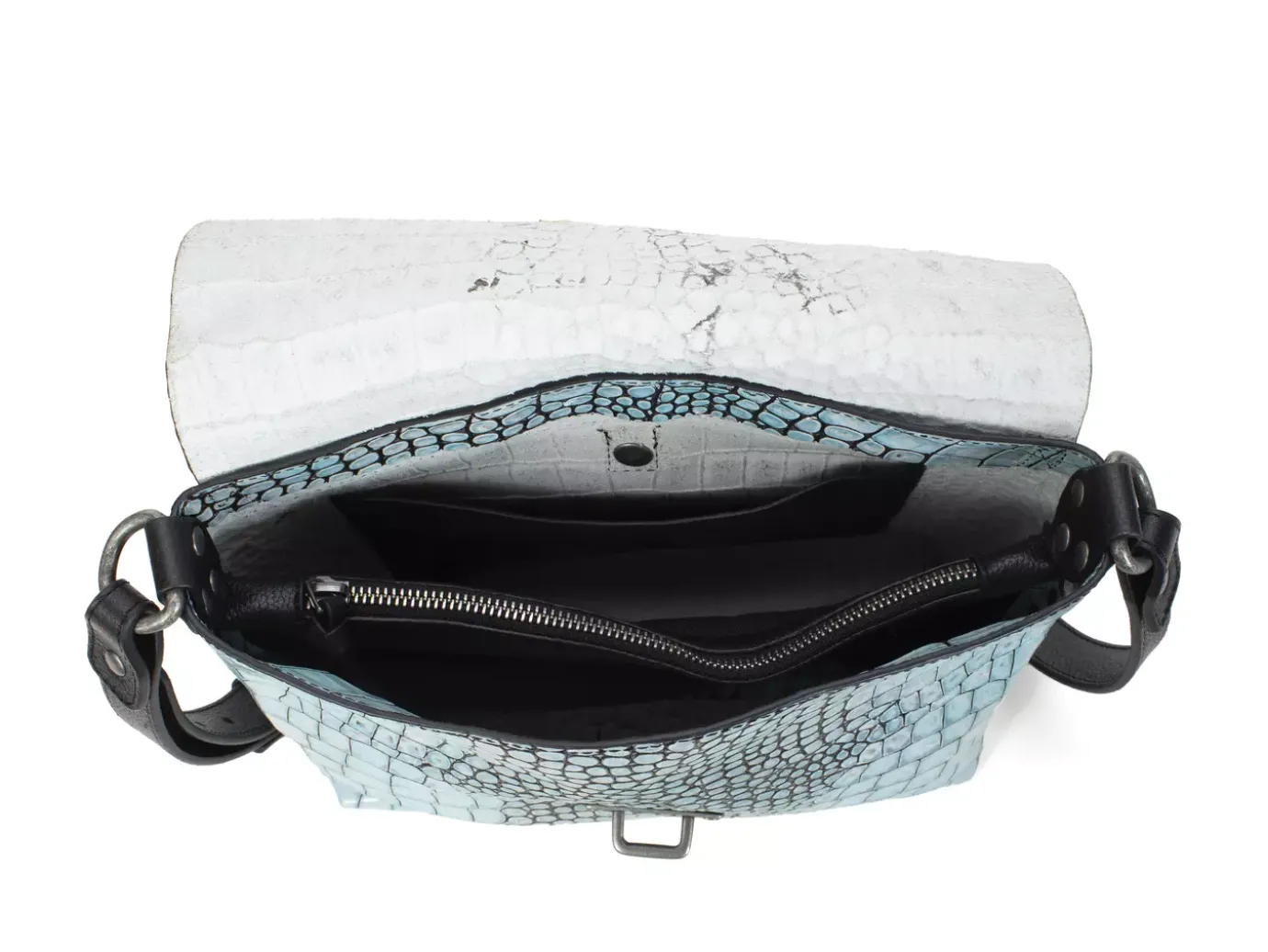 Fluevog Shoes Donna | Leather Crossbody Bag Blue Croc Clearance
