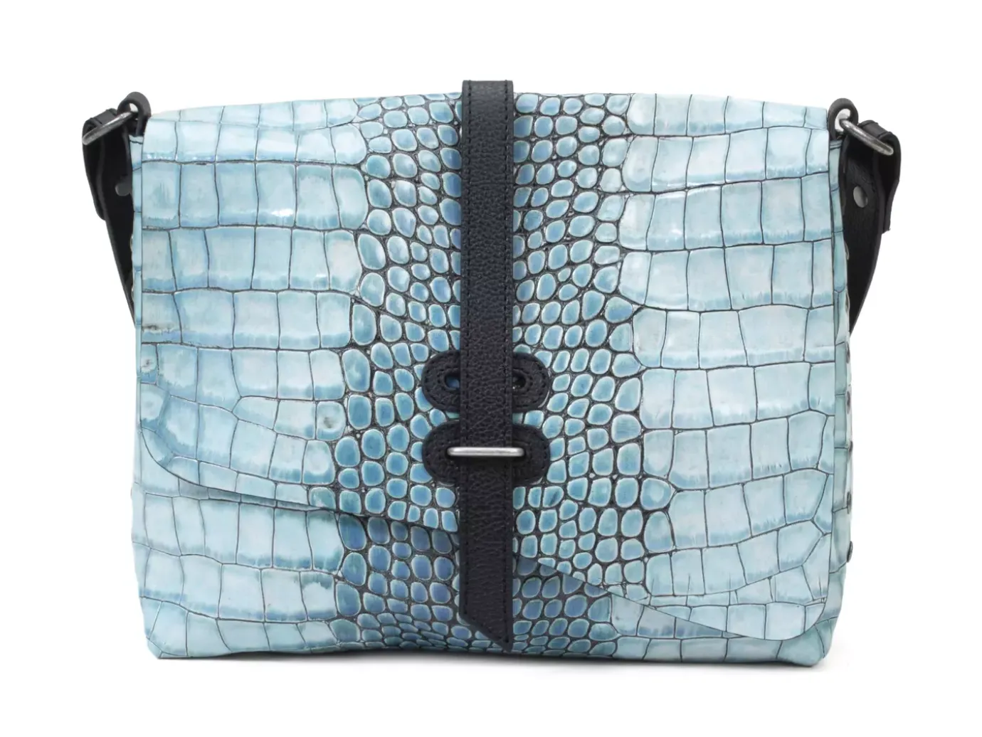 Fluevog Shoes Donna | Leather Crossbody Bag Blue Croc Outlet