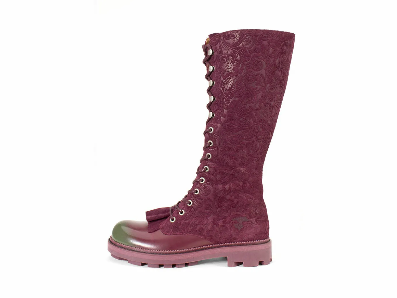 Fluevog Shoes Duffy | Tall Boot With Ruffled Tongue Purple/Green Outlet