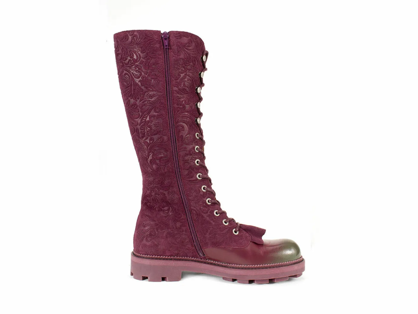 Fluevog Shoes Duffy | Tall Boot With Ruffled Tongue Purple/Green Outlet