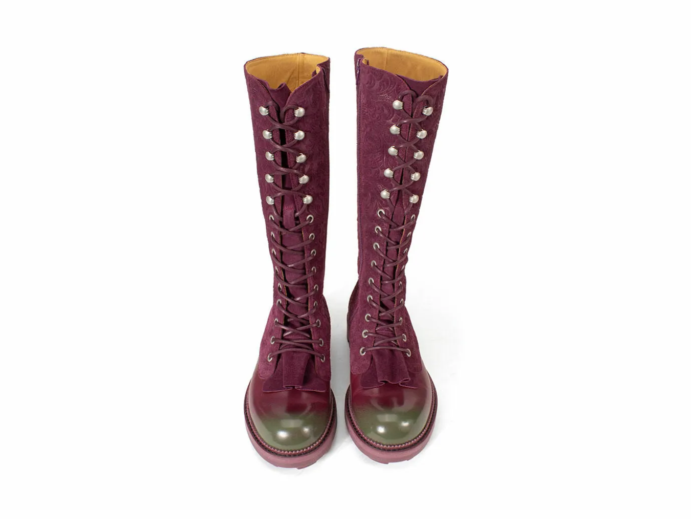Fluevog Shoes Duffy | Tall Boot With Ruffled Tongue Purple/Green Outlet
