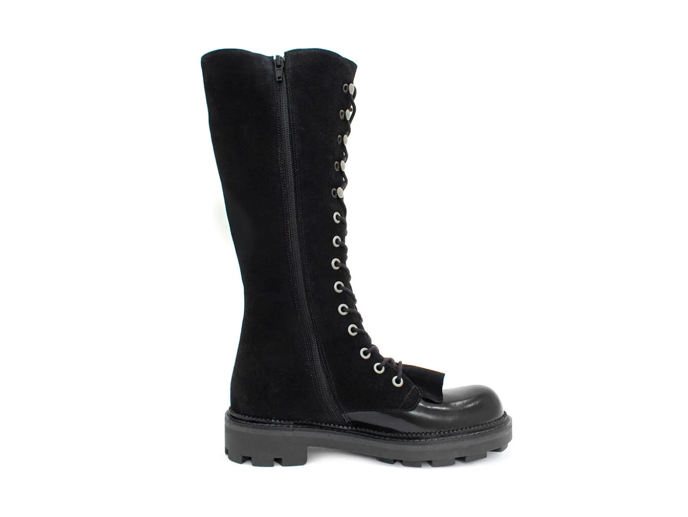 Fluevog Shoes Duffy | Tall Boot With Ruffled Tongue Black Best Sale