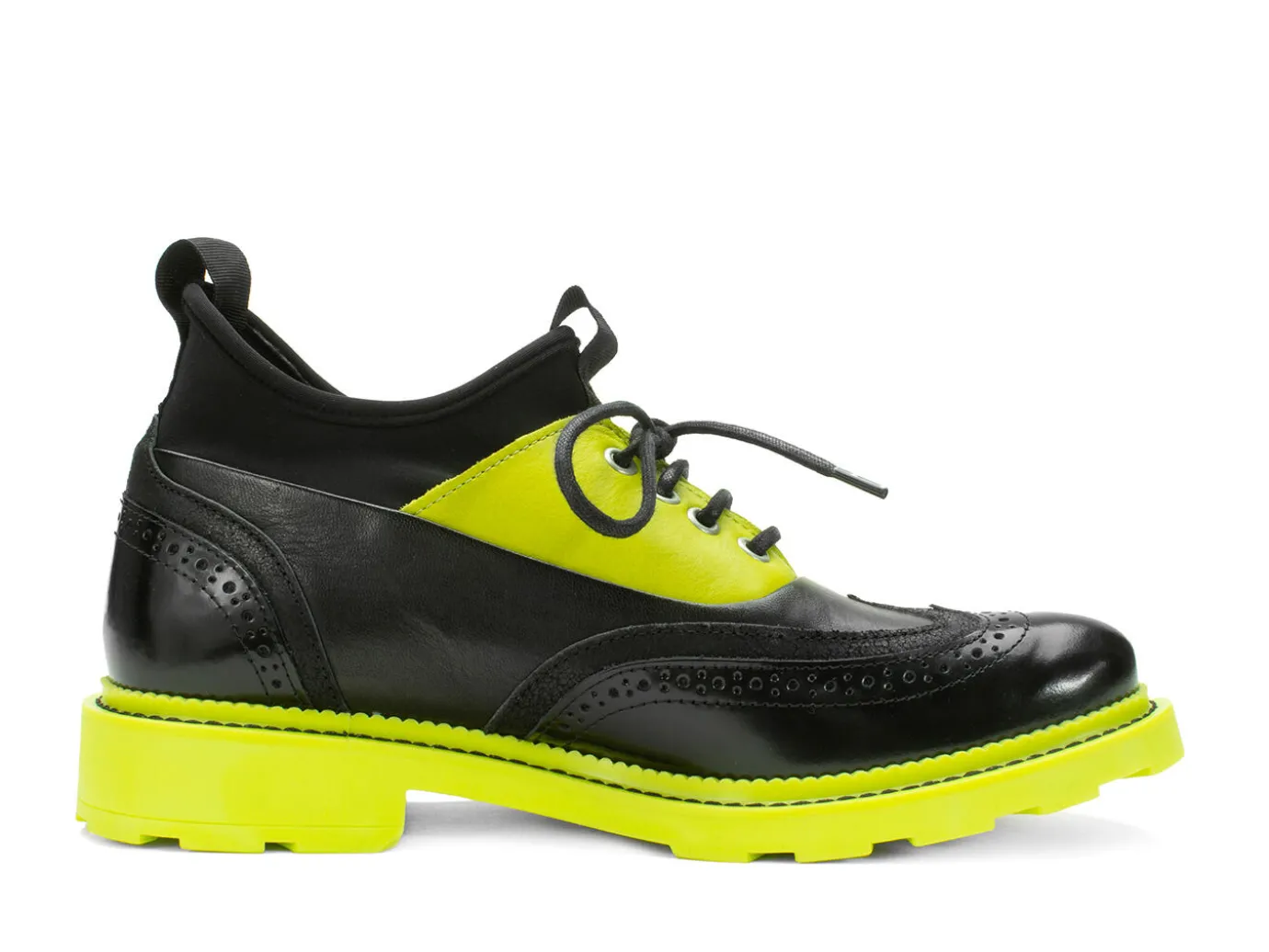 Fluevog Shoes Felix | Wingtip Brogue With Neoprene Black/Lime Hot