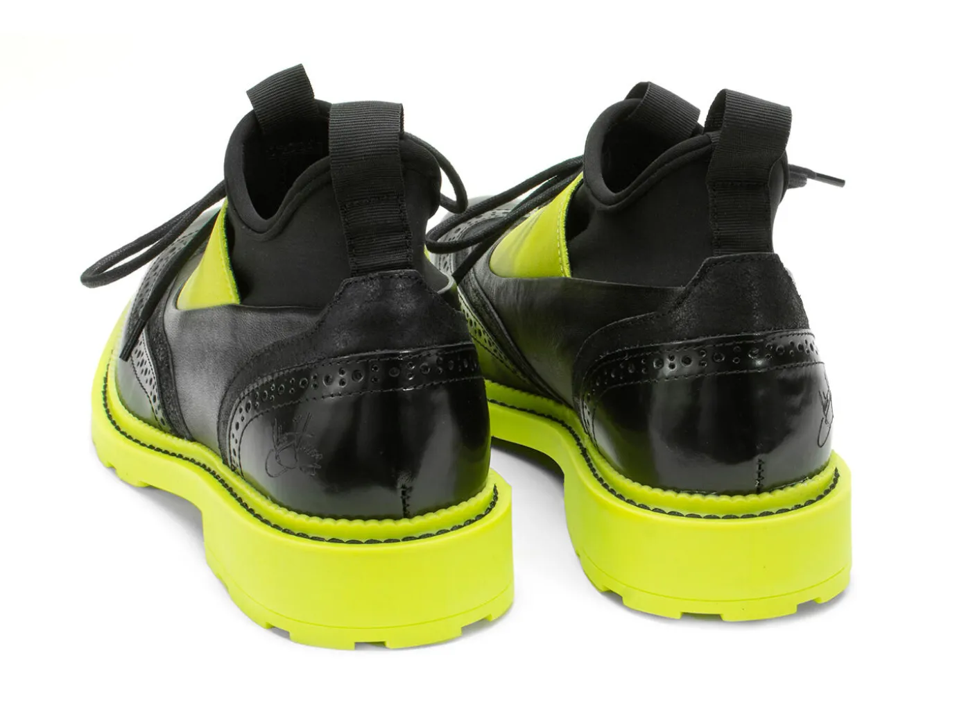 Fluevog Shoes Felix | Wingtip Brogue With Neoprene Black/Lime Hot