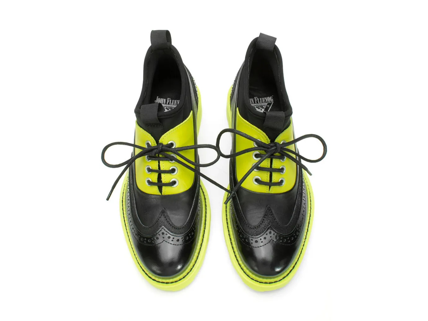 Fluevog Shoes Felix | Wingtip Brogue With Neoprene Black/Lime Hot