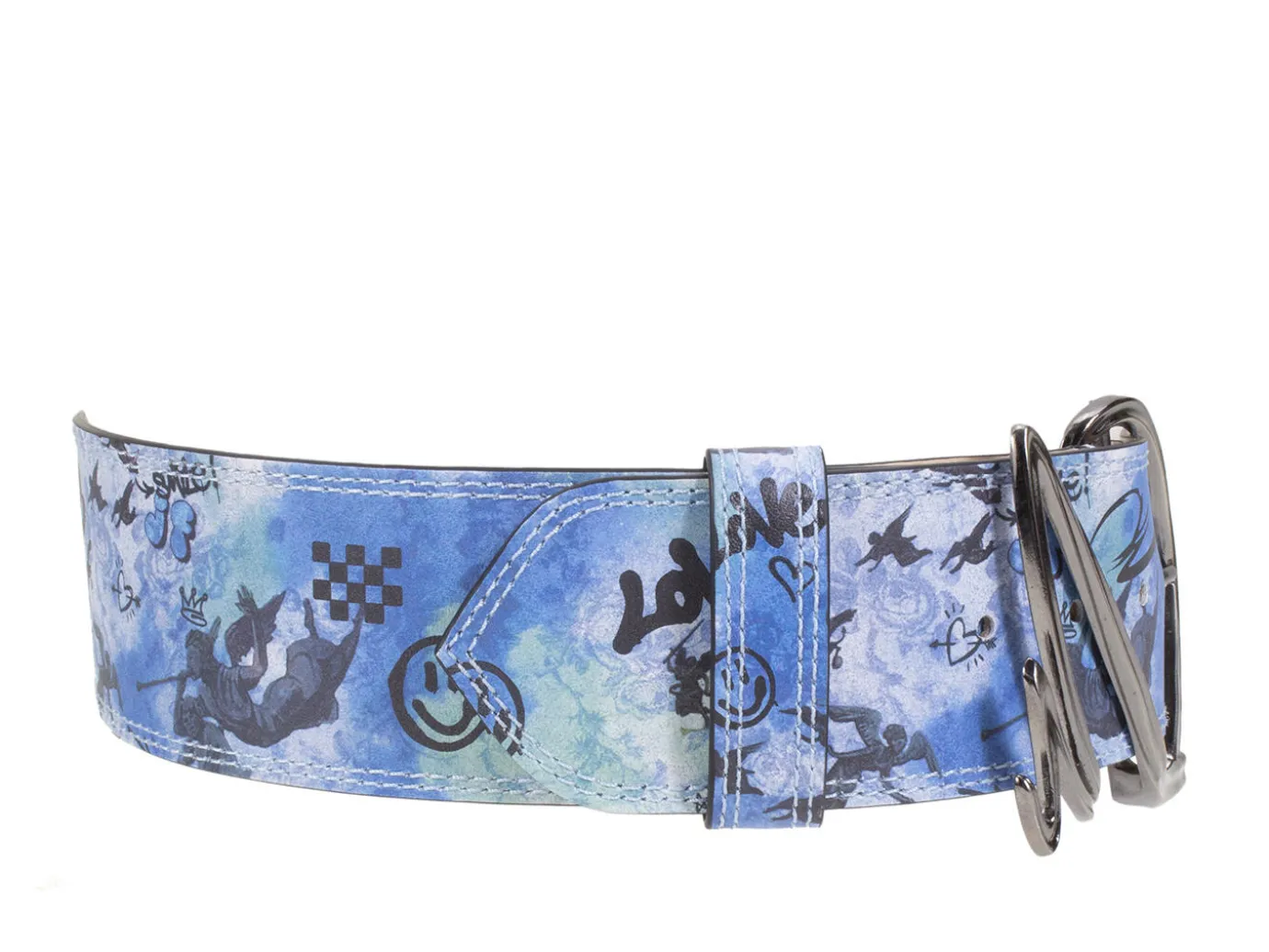 Fluevog Shoes Gawain Belt | Wide Waist Belt Blue Graffiti New