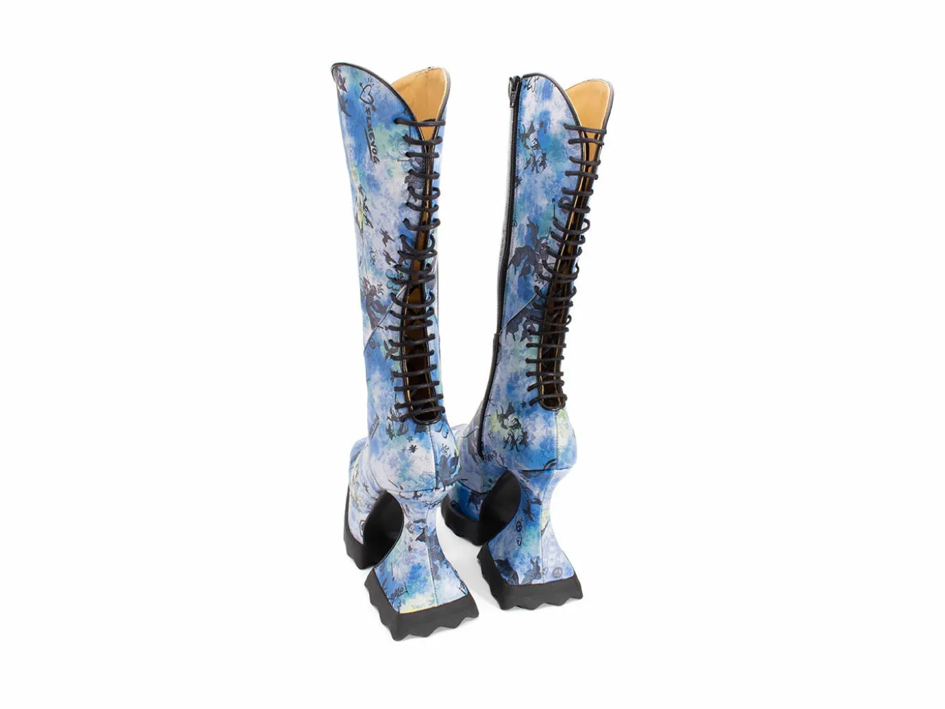 Fluevog Shoes Magnolia | Zip-Up Platform Tall Boot Blue Graffiti Hot