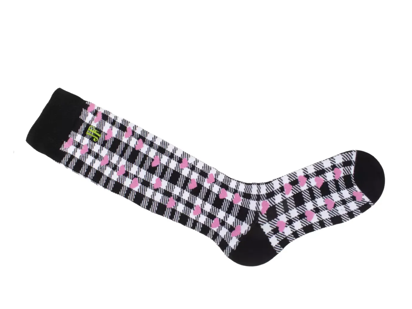 Fluevog Shoes Mochi Vog Socks | Spotted Gingham Sock White/Black/Pink Hearts Best