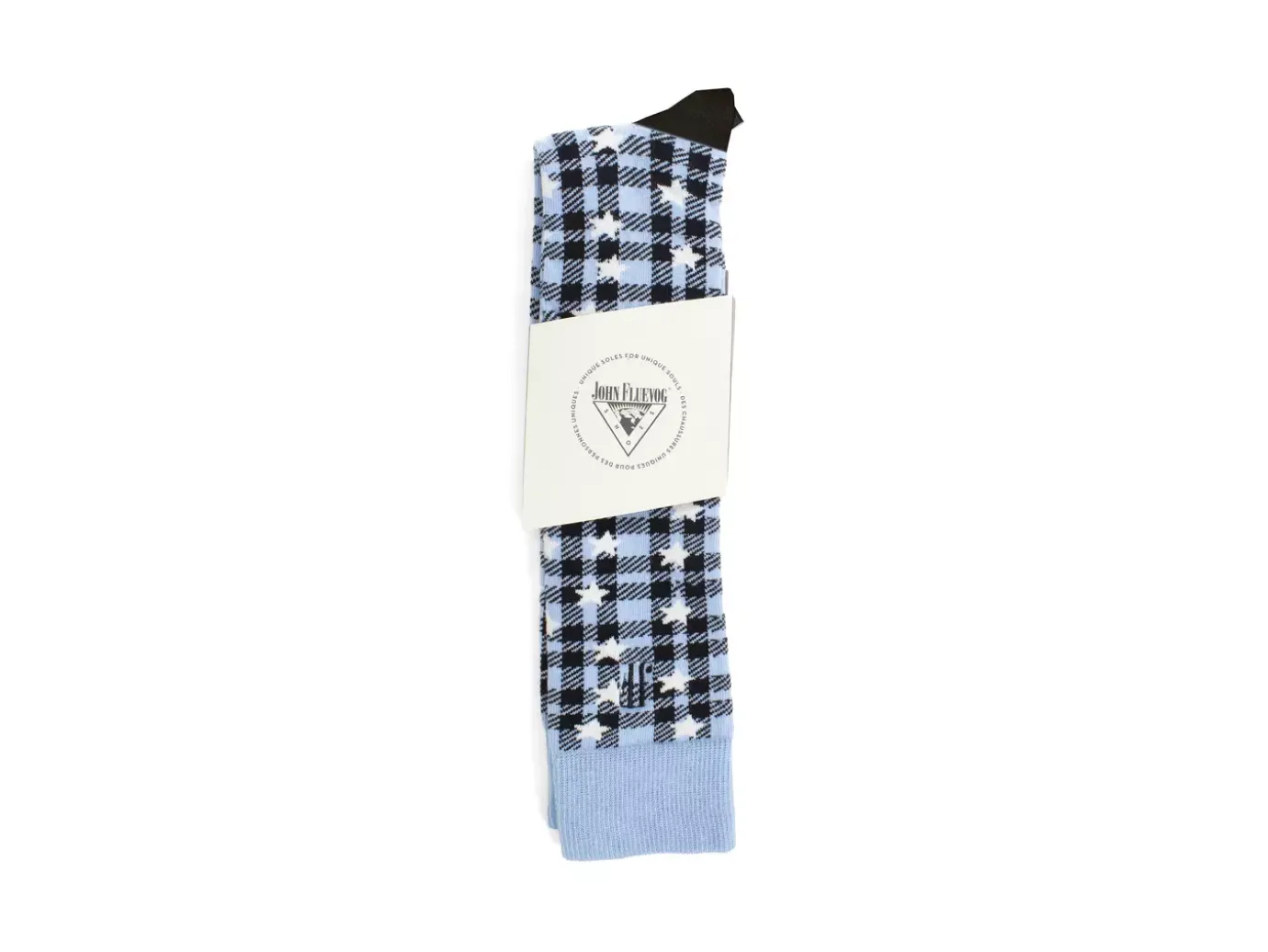 Fluevog Shoes Mochi Vog Socks | Spotted Gingham Sock Black/Blue Stars Store