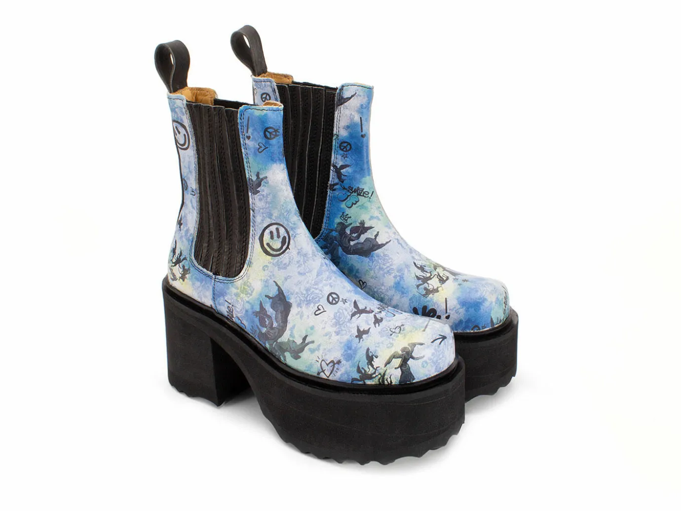Fluevog Shoes Nerds | Platform Chelsea Boot Blue Graffiti Clearance