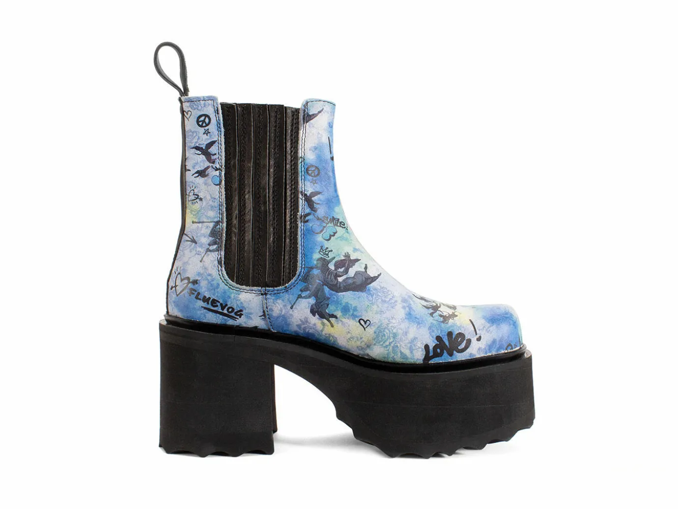 Fluevog Shoes Nerds | Platform Chelsea Boot Blue Graffiti Clearance