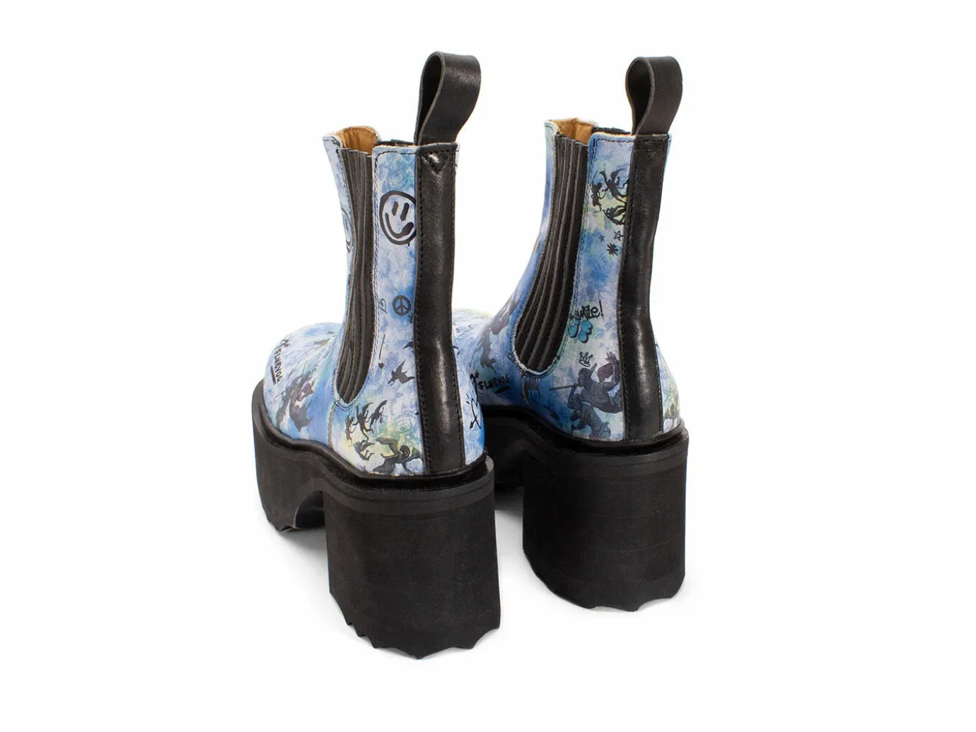 Fluevog Shoes Nerds | Platform Chelsea Boot Blue Graffiti Clearance