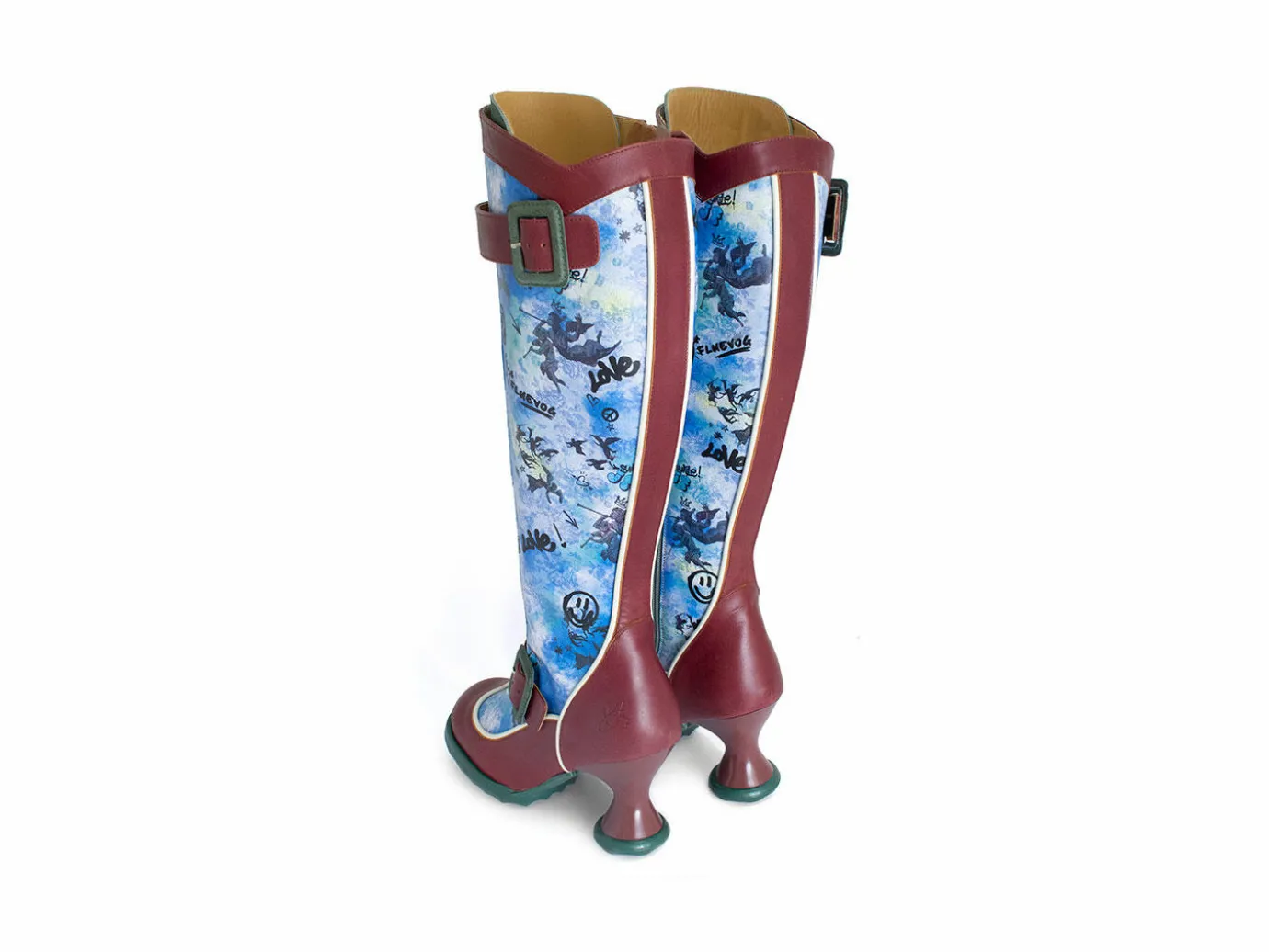 Fluevog Shoes Sugarcandy | Tall Buckle Boot With Zipper Burgundy/Graffiti Flash Sale