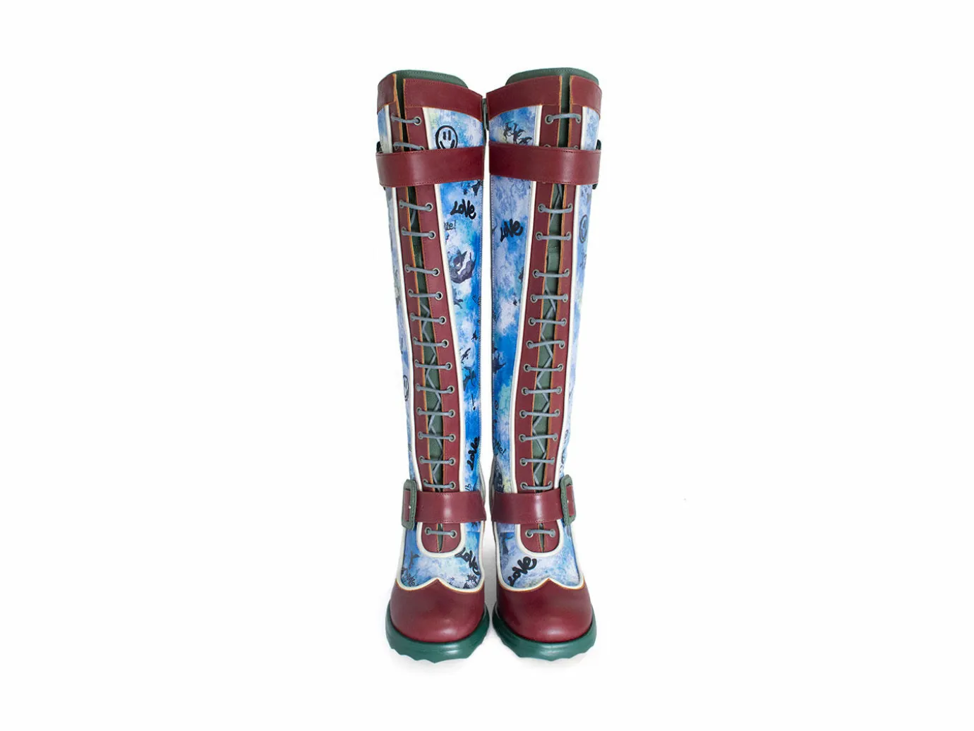 Fluevog Shoes Sugarcandy | Tall Buckle Boot With Zipper Burgundy/Graffiti Flash Sale