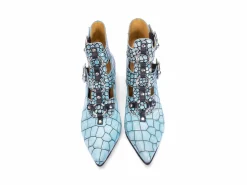 Fluevog Shoes Tammi Rose | Strappy Ankle Bootie Blue Croc Outlet
