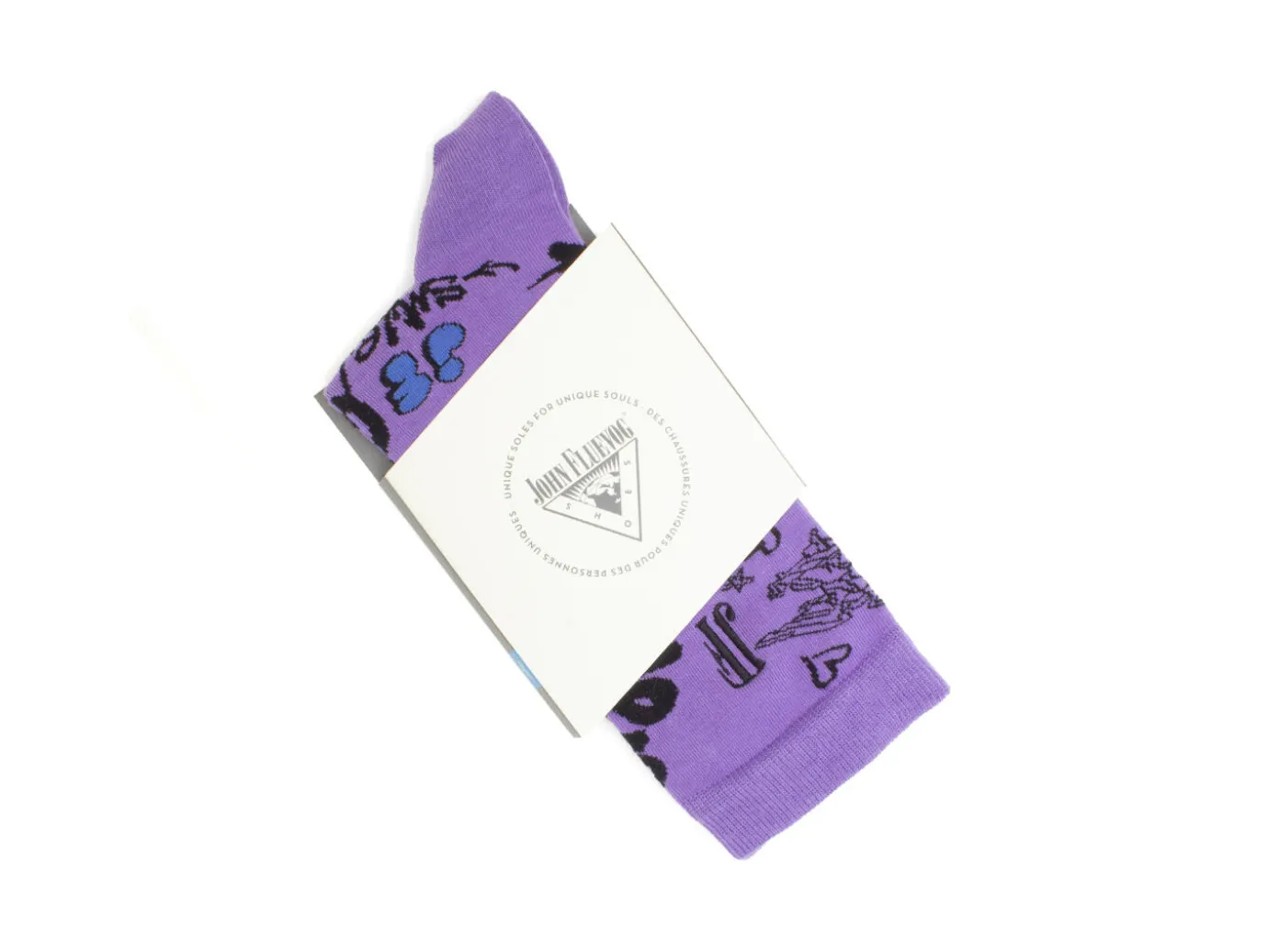 Fluevog Shoes Wolfie Vog Socks | Custom Graffiti Print Sock Purple Clearance